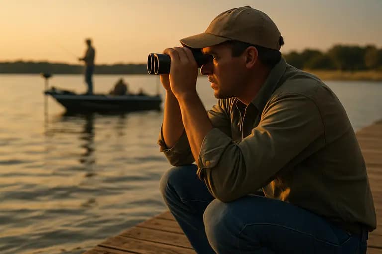 Bass angler idling away from a marina on calm lake water
