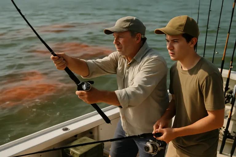 Rod and tackle box near clean water at a Texas coastal launch