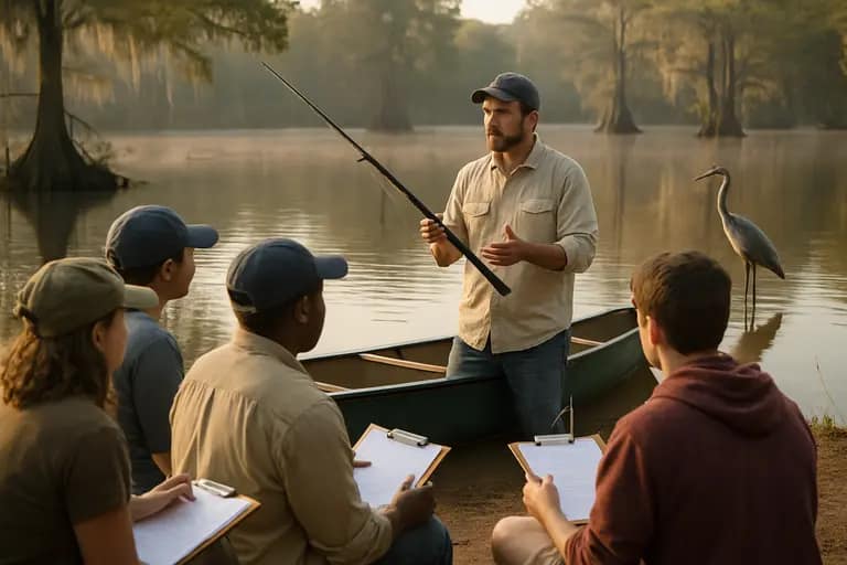 Beginner angler practicing a cast near a quiet park pond