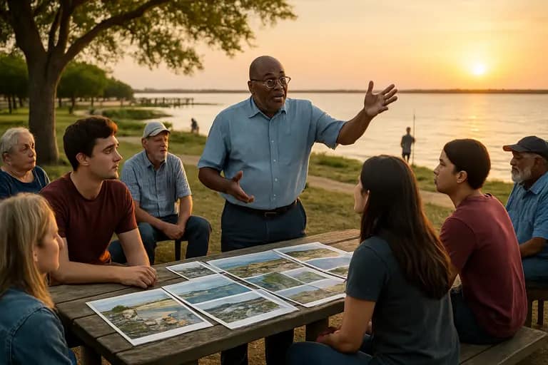 Students and anglers gathered near a coastal pier for field learning