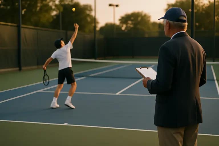 Tennis players warming up on adjacent practice courts before matches