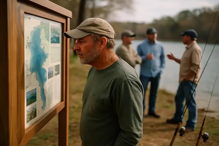 Angler studying a lake map beside a truck at sunrise