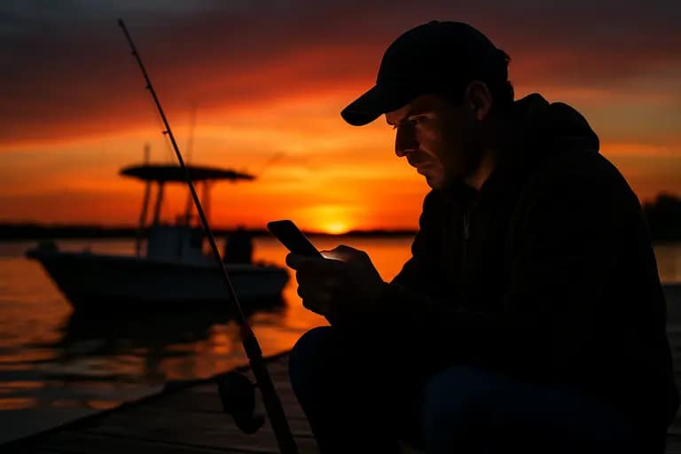 Calendar and fishing gear arranged on a table before a club meeting