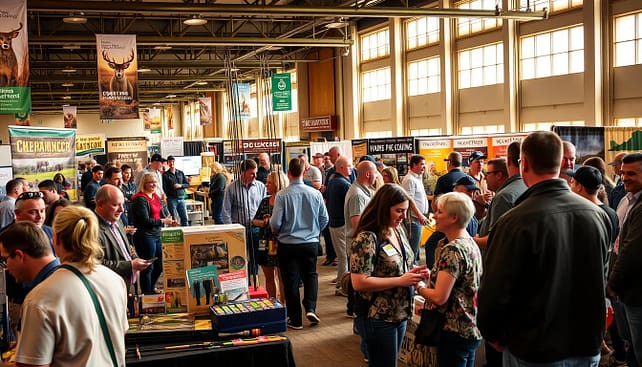 A bustling Texas Hunting and Fishing Expo scene showcasing vibrant exhibitor highlights. In the foreground, a diverse group of vendors in professional attire engages with enthusiastic visitors, demonstrating outdoor gear like fishing rods, hunting equipment, and eco-friendly products. The middle ground features colorful booths adorned with banners and detailed displays of wildlife photography and fishing lures, capturing the essence of outdoor adventure. In the background, warm, natural lighting filters through large windows, creating an inviting atmosphere filled with energy and camaraderie. Use a slightly low-angle perspective to highlight both the vendors and the visitors, emphasizing the importance of connection in this community. The overall mood should convey excitement and the shared passion for hunting and fishing as more than just shopping, but as a lifestyle and community bonding experience.