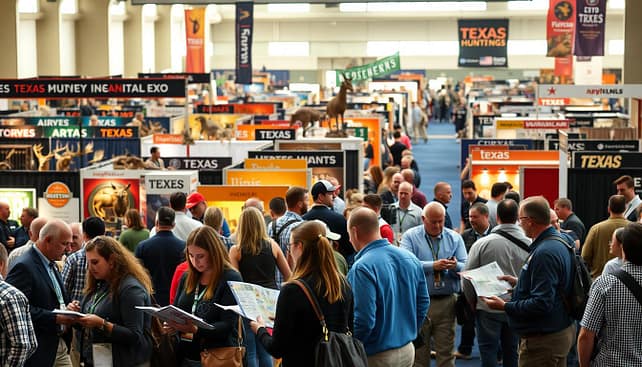 A bustling Texas hunting expo scene capturing the energy of visitors navigating through various exhibits. In the foreground, a diverse group of attendees dressed in professional business attire and casual clothing consults maps and guides while discussing the expo highlights. The middle ground features vibrant booths showcasing hunting gear, wildlife photography, and taxidermy exhibits, all vividly colored to attract attention. In the background, banners and signage are visible, indicating different sections of the expo. Soft, natural lighting simulates an inviting atmosphere, with highlights reflecting off polished surfaces. The perspective is slightly elevated to provide an overview of the crowd and layout, creating a sense of excitement and exploration within the expansive venue. A bustling Texas hunting expo scene capturing the energy of visitors navigating through various exhibits. In the foreground, a diverse group of attendees dressed in professional business attire and casual clothing consults maps and guides while discussing the expo highlights. The middle ground features vibrant booths showcasing hunting gear, wildlife photography, and taxidermy exhibits, all vividly colored to attract attention. In the background, banners and signage are visible, indicating different sections of the expo. Soft, natural lighting simulates an inviting atmosphere, with highlights reflecting off polished surfaces. The perspective is slightly elevated to provide an overview of the crowd and layout, creating a sense of excitement and exploration within the expansive venue.