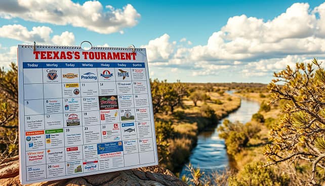A detailed and visually engaging Texas fishing tournaments calendar, showcasing an array of fishing events throughout Texas. In the foreground, feature a large, colorful calendar page displaying various dates and icons symbolizing different tournaments, like bass fishing and catfish competitions. The middle ground includes a picturesque Texas landscape with mesquite trees and a winding river, enhancing the outdoor atmosphere of fishing. In the background, incorporate a bright blue sky with fluffy white clouds, creating an inviting and cheerful mood. Use warm, natural lighting to evoke a sense of excitement and anticipation for the upcoming events. The angle should be slightly elevated to provide a comprehensive view of the calendar and the surrounding scenery. Ensure the depiction is professional and polished without any text or logos. A detailed and visually engaging Texas fishing tournaments calendar, showcasing an array of fishing events throughout Texas. In the foreground, feature a large, colorful calendar page displaying various dates and icons symbolizing different tournaments, like bass fishing and catfish competitions. The middle ground includes a picturesque Texas landscape with mesquite trees and a winding river, enhancing the outdoor atmosphere of fishing. In the background, incorporate a bright blue sky with fluffy white clouds, creating an inviting and cheerful mood. Use warm, natural lighting to evoke a sense of excitement and anticipation for the upcoming events. The angle should be slightly elevated to provide a comprehensive view of the calendar and the surrounding scenery. Ensure the depiction is professional and polished without any text or logos.