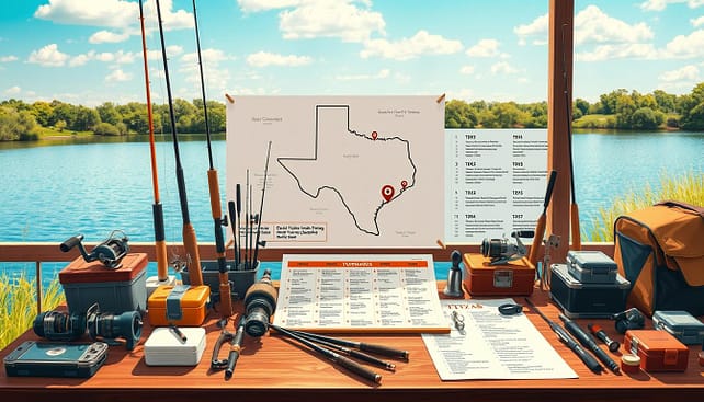 A detailed illustration of a Texas fishing tournament schedule, visually organized like a beautifully designed calendar. In the foreground, feature a well-arranged table filled with fishing gear, like rods, reels, and bait boxes, creating an inviting and professional atmosphere. The middle layer showcases a map of Texas highlighting key tournament locations with pinpoints, while a timeline along the side details the tournament dates, displayed in an easy-to-read format. In the background, incorporate a serene Texas lake with lush greenery and a bright blue sky, establishing a tranquil yet competitive mood. Use warm, natural lighting to evoke a sense of excitement, and the arrangement is captured from a slightly elevated angle to provide depth and clarity, immersing viewers in the world of fishing competitions.