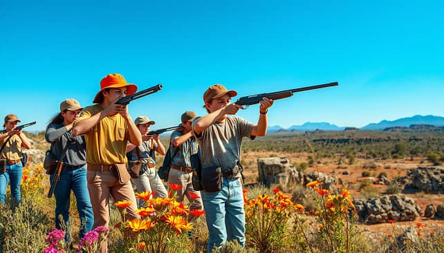 A dynamic scene capturing the excitement of Texas youth hunting competitors in action. In the foreground, a diverse group of young competitors, dressed in modest casual attire, focuses intently on their targets, demonstrating confidence and determination. Each competitor holds hunting gear reflective of their skills, such as rifles or bows. In the middle ground, a lush, Texas landscape showcases vibrant wildflowers and rugged terrain, hinting at various terrains used in competitions. The background features distant mountains under a clear blue sky, adding depth to the scene. Warm, natural lighting bathes the image, creating a lively atmosphere that embodies the spirit of competition and camaraderie among participants. The angle is slightly elevated, offering a panoramic view of this vibrant hunting event. A dynamic scene capturing the excitement of Texas youth hunting competitors in action. In the foreground, a diverse group of young competitors, dressed in modest casual attire, focuses intently on their targets, demonstrating confidence and determination. Each competitor holds hunting gear reflective of their skills, such as rifles or bows. In the middle ground, a lush, Texas landscape showcases vibrant wildflowers and rugged terrain, hinting at various terrains used in competitions. The background features distant mountains under a clear blue sky, adding depth to the scene. Warm, natural lighting bathes the image, creating a lively atmosphere that embodies the spirit of competition and camaraderie among participants. The angle is slightly elevated, offering a panoramic view of this vibrant hunting event.