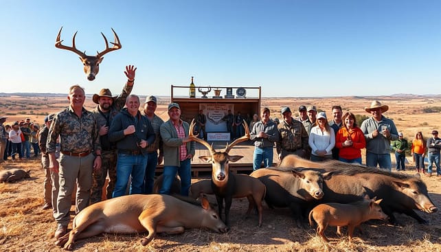 A vibrant Texas hunting competition scene, showcasing a diverse group of hunters in professional outdoor attire, poised proudly beside their prize catches, which include deer and wild boars. In the foreground, a hunter holds a trophy deer head, while others gather, all exuding excitement and camaraderie. The middle ground features a rustic wooden stage displaying prizes, surrounded by spectators in casual clothing cheering and enjoying the event. The background reveals sprawling Texas landscapes with rolling hills under a bright blue sky, dotted with mesquite trees. Soft, warm sunlight bathes the scene, creating a lively and festive atmosphere. The image is captured from a slightly elevated angle, emphasizing the buzz of competition while keeping a focus on the participants’ expressions of joy and triumph.