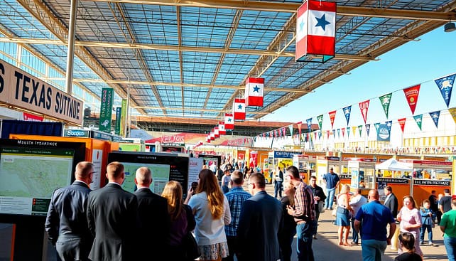 A vibrant Texas outdoor expo scene, filled with colorful exhibits and enthusiastic visitors exploring. In the foreground, a group of diverse attendees, dressed in professional business attire, huddle around a high-tech navigation kiosk displaying interactive maps and tips for navigating the expo. The middle ground features energetic exhibit booths showcasing outdoor gear, Texas wildlife, and local food products, all under a bright, sunny sky. The background reveals large, open spaces bustling with people and decorative banners fluttering in the breeze. The warm afternoon light casts inviting shadows, evoking a friendly and engaging atmosphere. Capture this lively event from a slightly elevated angle to emphasize the interactions and dynamic layout of the expo. A vibrant Texas outdoor expo scene, filled with colorful exhibits and enthusiastic visitors exploring. In the foreground, a group of diverse attendees, dressed in professional business attire, huddle around a high-tech navigation kiosk displaying interactive maps and tips for navigating the expo. The middle ground features energetic exhibit booths showcasing outdoor gear, Texas wildlife, and local food products, all under a bright, sunny sky. The background reveals large, open spaces bustling with people and decorative banners fluttering in the breeze. The warm afternoon light casts inviting shadows, evoking a friendly and engaging atmosphere. Capture this lively event from a slightly elevated angle to emphasize the interactions and dynamic layout of the expo.