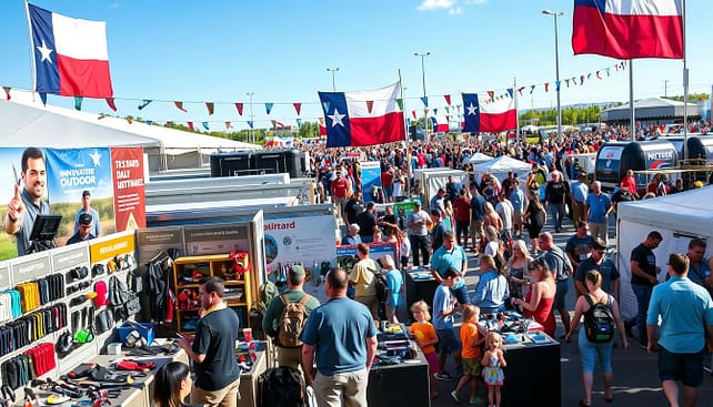 A vibrant Texas outdoor expo scene showcasing a variety of unmissable exhibits. In the foreground, a well-organized booth displays innovative outdoor gear, with friendly staff in professional attire engaging with visitors. Colorful banners highlight different products. In the middle ground, families and outdoor enthusiasts interact with interactive displays, showcasing items like camping equipment, hiking gear, and outdoor apparel. The background features lively crowds exploring the expo under a bright blue sky, with Texas-themed decorations and banners flapping gently in the breeze. Soft, natural lighting enhances the cheerful atmosphere, captured from a slightly elevated angle to provide depth. The overall mood is energetic and inviting, highlighting the excitement of exploring the best of outdoor experiences in Texas.