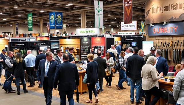 A vibrant and bustling hunting and fishing expo booth scene, showcasing popular exhibitors in Texas for 2024. In the foreground, diverse visitors, dressed in professional business attire and modest casual clothing, interact with engaging displays of fishing gear, hunting equipment, and outdoor apparel. The middle ground features well-designed booths, adorned with eye-catching signage and product displays, surrounded by rich, earthy textures like wood and natural fabrics. The background captures the spacious venue with banners and soft ambient lighting, creating an inviting and energetic atmosphere. The image is shot from a slightly elevated angle to capture the depth of the booths and the dynamic interactions among attendees, conveying a sense of excitement and community spirit at the expo. A vibrant and bustling hunting and fishing expo booth scene, showcasing popular exhibitors in Texas for 2024. In the foreground, diverse visitors, dressed in professional business attire and modest casual clothing, interact with engaging displays of fishing gear, hunting equipment, and outdoor apparel. The middle ground features well-designed booths, adorned with eye-catching signage and product displays, surrounded by rich, earthy textures like wood and natural fabrics. The background captures the spacious venue with banners and soft ambient lighting, creating an inviting and energetic atmosphere. The image is shot from a slightly elevated angle to capture the depth of the booths and the dynamic interactions among attendees, conveying a sense of excitement and community spirit at the expo.