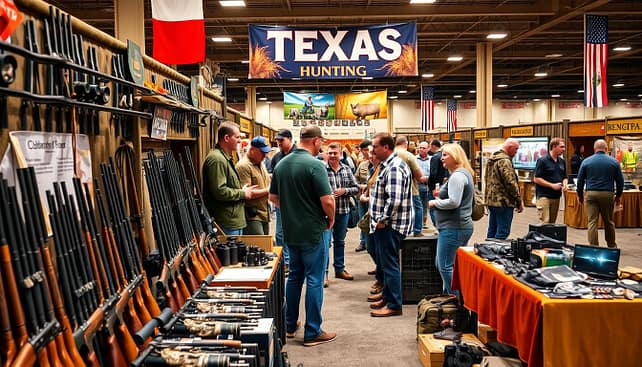 A vibrant and engaging scene featuring a Texas hunting expo with an array of hunting booths and gear showcases. In the foreground, display a well-organized booth featuring a variety of rugged hunting equipment, including rifles, camouflage clothing, binoculars, and outdoor gear, all impeccably arranged. In the middle, enthusiastic attendees, dressed in modest casual clothing, are interacting with knowledgeable exhibitors, examining gear and exchanging ideas. The background showcases a colorful banner displaying the event's name and additional booths with eye-catching visuals. Set the scene under bright, warm lighting to create an inviting atmosphere. The angle should capture the dynamic interaction between exhibitors and attendees, highlighting the excitement and camaraderie of the hunting community. Aim for a lively and energetic mood, perfect for showcasing the best in hunting gear at a Texas expo.