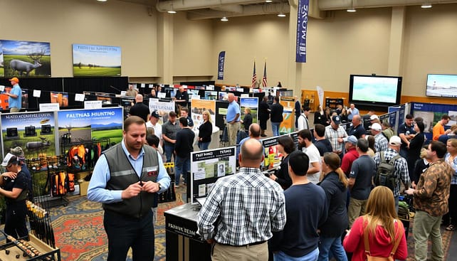 A vibrant indoor exhibit space showcasing a live demonstration at a hunting and fishing expo in Texas. In the foreground, two professional-looking instructors engage with a diverse group of attendees, showcasing fishing techniques and hunting gear. The middle ground features various booths adorned with colorful banners displaying outdoor products like fishing rods, tackle boxes, and hunting apparel, while interactive displays invite participation. In the background, a large screen shows images of Texas landscapes and wildlife. The scene is well-lit with soft, natural light, creating an inviting atmosphere. The mood is energetic and informative, capturing the excitement of learning about outdoor passions in a community setting.
