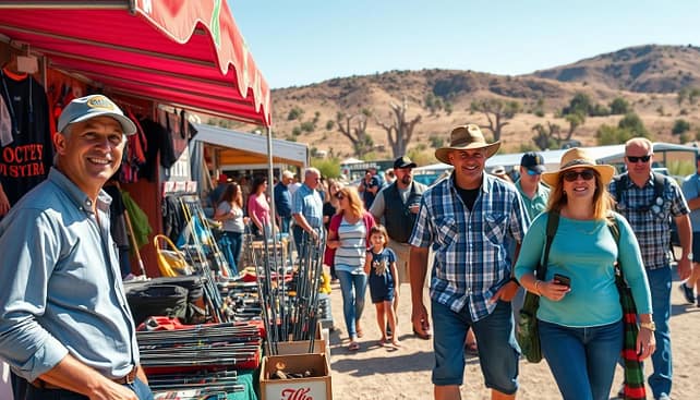 A vibrant outdoor scene showcasing a bustling Texas vendor market dedicated to outdoor sports. In the foreground, two vendors in professional casual attire, a smiling man and woman, stand behind a colorful booth displaying an array of equipment like fishing rods, camping gear, and sportswear. In the middle, several patrons browse the stalls, with a focus on diverse families enjoying the atmosphere. In the background, distinctive Texas landscape elements like mesquite trees and rolling hills create a warm, inviting setting under bright blue skies. The scene is well-lit, capturing the essence of a sunny day, while soft shadows add depth. The overall mood is energetic and friendly, highlighting the excitement of shopping for outdoor sports gear at Texas events. A vibrant outdoor scene showcasing a bustling Texas vendor market dedicated to outdoor sports. In the foreground, two vendors in professional casual attire, a smiling man and woman, stand behind a colorful booth displaying an array of equipment like fishing rods, camping gear, and sportswear. In the middle, several patrons browse the stalls, with a focus on diverse families enjoying the atmosphere. In the background, distinctive Texas landscape elements like mesquite trees and rolling hills create a warm, inviting setting under bright blue skies. The scene is well-lit, capturing the essence of a sunny day, while soft shadows add depth. The overall mood is energetic and friendly, highlighting the excitement of shopping for outdoor sports gear at Texas events.