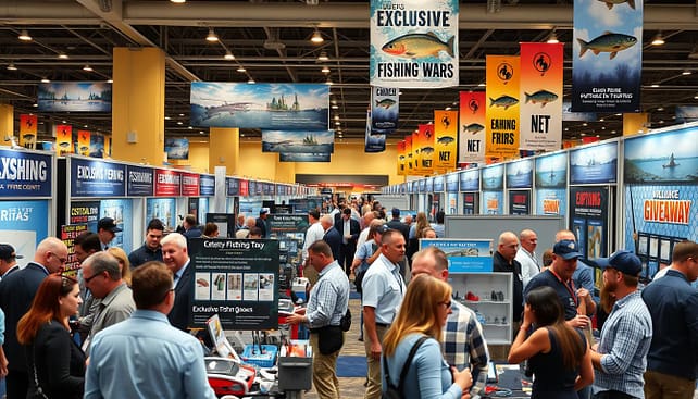 A vibrant scene showcasing a bustling fishing expo, where vendors display exclusive giveaway promotions at their booths. In the foreground, diverse vendors in professional business attire engage with attendees, each booth adorned with colorful banners advertising special deals on fishing gear, tackle boxes, and local fishing trips. The middle ground features excited visitors interacting with interactive displays, examining products, and participating in raffles. The background captures a well-lit convention center filled with fishing-themed decorations, showcasing images of lakes and fish, and banners invoking a sense of outdoor adventure. The atmosphere is lively and inviting, with warm lighting highlighting the camaraderie among participants. The composition is shot from a slightly elevated angle to capture the energy of the event. A vibrant scene showcasing a bustling fishing expo, where vendors display exclusive giveaway promotions at their booths. In the foreground, diverse vendors in professional business attire engage with attendees, each booth adorned with colorful banners advertising special deals on fishing gear, tackle boxes, and local fishing trips. The middle ground features excited visitors interacting with interactive displays, examining products, and participating in raffles. The background captures a well-lit convention center filled with fishing-themed decorations, showcasing images of lakes and fish, and banners invoking a sense of outdoor adventure. The atmosphere is lively and inviting, with warm lighting highlighting the camaraderie among participants. The composition is shot from a slightly elevated angle to capture the energy of the event.