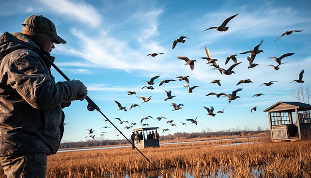 A serene winter landscape in Texas showcasing an expansive marshland, dotted with vibrant waterfowl in mid-flight and on the water's surface. In the foreground, a skilled hunter, dressed in camouflage gear and a warm jacket, is positioning a fishing rod, poised for action. In the middle ground, a small group of hunters stands by a rustic wooden blind, eagerly watching the flock above, their focused expressions illuminated by the soft morning light. The background features a clear blue sky with gentle wisps of white clouds, transitioning into the muted tones of winter trees lining the marsh. The mood is tranquil yet charged with anticipation, capturing the essence of winter waterfowl competitions in the heart of Texas. The image should be shot from a low angle, emphasizing the vastness of the scene. A serene winter landscape in Texas showcasing an expansive marshland, dotted with vibrant waterfowl in mid-flight and on the water's surface. In the foreground, a skilled hunter, dressed in camouflage gear and a warm jacket, is positioning a fishing rod, poised for action. In the middle ground, a small group of hunters stands by a rustic wooden blind, eagerly watching the flock above, their focused expressions illuminated by the soft morning light. The background features a clear blue sky with gentle wisps of white clouds, transitioning into the muted tones of winter trees lining the marsh. The mood is tranquil yet charged with anticipation, capturing the essence of winter waterfowl competitions in the heart of Texas. The image should be shot from a low angle, emphasizing the vastness of the scene.