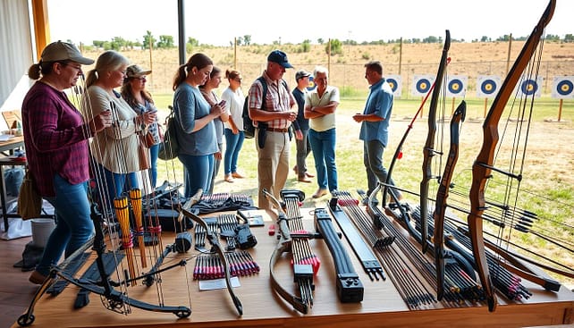A vibrant and informative scene showcasing various archery equipment classes in Texas. In the foreground, display an array of modern bows: compound, recurve, and longbows, meticulously arranged on a wooden display table. Include accompanying accessories like arrows, quivers, and target faces, all neatly organized. The middle ground features a diverse group of people in modest casual attire, engaged in inspecting the equipment and discussing their preferences. Capture a sense of camaraderie and excitement among them. In the background, depict an open archery range set against the Texas landscape, showcasing targets and participants practicing. Use bright, natural lighting to create a warm and inviting atmosphere, evoking the spirit of friendly competition. The perspective should be slightly angled to emphasize both the equipment and the interactions, inviting viewers into the world of archery. A vibrant and informative scene showcasing various archery equipment classes in Texas. In the foreground, display an array of modern bows: compound, recurve, and longbows, meticulously arranged on a wooden display table. Include accompanying accessories like arrows, quivers, and target faces, all neatly organized. The middle ground features a diverse group of people in modest casual attire, engaged in inspecting the equipment and discussing their preferences. Capture a sense of camaraderie and excitement among them. In the background, depict an open archery range set against the Texas landscape, showcasing targets and participants practicing. Use bright, natural lighting to create a warm and inviting atmosphere, evoking the spirit of friendly competition. The perspective should be slightly angled to emphasize both the equipment and the interactions, inviting viewers into the world of archery.