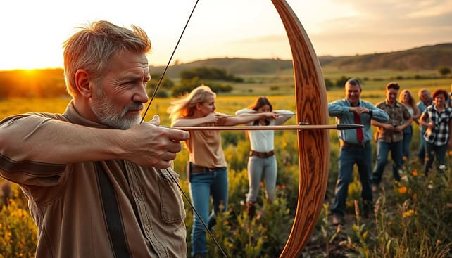 A vibrant scene of a traditional bow hunting tournament in Texas, showcasing competitors in modest casual attire. In the foreground, a focused archer, a middle-aged man with a determined expression, draws back a beautiful handcrafted wooden bow, aiming intently at a distant target. In the middle ground, a diverse group of participants, including a woman skillfully adjusting her bow and a young boy practicing with a mentor, are engaged in friendly competition. Surrounding them, lush green fields and swaying wildflowers capture the essence of the Texas countryside. In the background, the sun sets, casting a warm golden light across the scene, creating a welcoming and energetic atmosphere. The composition is framed by gentle hills, emphasizing the open-spaced feel of a traditional archery competition. A vibrant scene of a traditional bow hunting tournament in Texas, showcasing competitors in modest casual attire. In the foreground, a focused archer, a middle-aged man with a determined expression, draws back a beautiful handcrafted wooden bow, aiming intently at a distant target. In the middle ground, a diverse group of participants, including a woman skillfully adjusting her bow and a young boy practicing with a mentor, are engaged in friendly competition. Surrounding them, lush green fields and swaying wildflowers capture the essence of the Texas countryside. In the background, the sun sets, casting a warm golden light across the scene, creating a welcoming and energetic atmosphere. The composition is framed by gentle hills, emphasizing the open-spaced feel of a traditional archery competition.