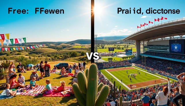 A visually engaging comparison image illustrating "Free vs Paid Texas Outdoor Events." In the foreground, depict two distinct scenes side by side: on the left, a group of families enjoying a free outdoor festival with picnic blankets, food stalls, and kids playing games under vibrant banners; on the right, an organized paid sports event featuring athletes competing in a grand stadium with spectators cheering, flags waving, and a scoreboard visible. In the middle ground, include a mix of lush Texas landscapes, such as rolling hills and blue skies, emphasizing the outdoor setting. The background should feature iconic Texas elements like cacti and an expansive horizon. The lighting is warm and inviting, suggesting a sunny day, with a slight lens flare to enhance the atmosphere of excitement and enjoyment. The mood is celebratory and inclusive, contrasting the relaxed vibe of free events with the energetic atmosphere of paid events. A visually engaging comparison image illustrating "Free vs Paid Texas Outdoor Events." In the foreground, depict two distinct scenes side by side: on the left, a group of families enjoying a free outdoor festival with picnic blankets, food stalls, and kids playing games under vibrant banners; on the right, an organized paid sports event featuring athletes competing in a grand stadium with spectators cheering, flags waving, and a scoreboard visible. In the middle ground, include a mix of lush Texas landscapes, such as rolling hills and blue skies, emphasizing the outdoor setting. The background should feature iconic Texas elements like cacti and an expansive horizon. The lighting is warm and inviting, suggesting a sunny day, with a slight lens flare to enhance the atmosphere of excitement and enjoyment. The mood is celebratory and inclusive, contrasting the relaxed vibe of free events with the energetic atmosphere of paid events.