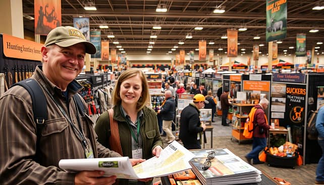 A well-organized hunting expo booth showcasing vibrant displays of hunting gear, fishing equipment, and outdoor accessories. In the foreground, a friendly, professional-looking man and woman in modest business attire are discussing plans, surrounded by brochures and maps of the venue. The middle ground features booths featuring various hunting and fishing products, with colorful banners and engaging displays. In the background, a spacious indoor expo hall with bright overhead lights illuminating the bustling event, giving a sense of excitement and anticipation. The image conveys a mood of camaraderie and preparation, ideal for potential attendees who want to make the most of their expo day. Capture the scene from a slightly elevated angle to provide a comprehensive view of the activities taking place. A well-organized hunting expo booth showcasing vibrant displays of hunting gear, fishing equipment, and outdoor accessories. In the foreground, a friendly, professional-looking man and woman in modest business attire are discussing plans, surrounded by brochures and maps of the venue. The middle ground features booths featuring various hunting and fishing products, with colorful banners and engaging displays. In the background, a spacious indoor expo hall with bright overhead lights illuminating the bustling event, giving a sense of excitement and anticipation. The image conveys a mood of camaraderie and preparation, ideal for potential attendees who want to make the most of their expo day. Capture the scene from a slightly elevated angle to provide a comprehensive view of the activities taking place.