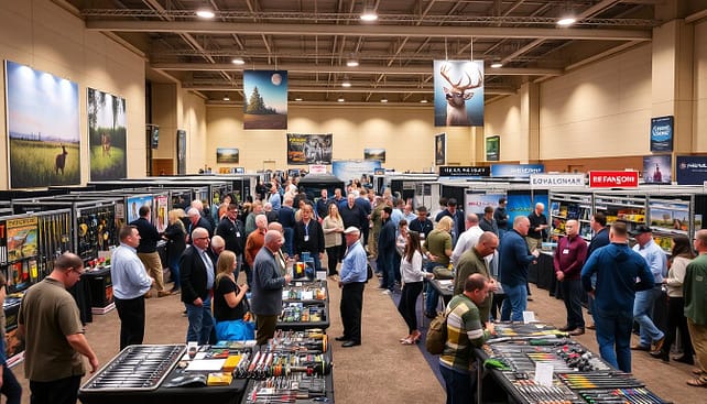 An indoor exhibition space bustling with energy during a hunting and fishing expo. In the foreground, a vibrant display of fishing tackle, hunting gear, and outdoor accessories, meticulously arranged on tables with various brands showcased. Mid-ground, enthusiastic attendees engage with knowledgeable exhibitors in professional business attire, discussing the latest equipment and techniques, while others test out gear. The background features large banners displaying captivating images of nature and wildlife, along with booths promoting conservation efforts and outdoor adventures. Soft, warm lighting overhead highlights the products and creates an inviting atmosphere, emphasizing the excitement of exploring major attractions at the expo. The camera angle captures the dynamic interactions, inviting the viewer into the scene without any text or distractions. An indoor exhibition space bustling with energy during a hunting and fishing expo. In the foreground, a vibrant display of fishing tackle, hunting gear, and outdoor accessories, meticulously arranged on tables with various brands showcased. Mid-ground, enthusiastic attendees engage with knowledgeable exhibitors in professional business attire, discussing the latest equipment and techniques, while others test out gear. The background features large banners displaying captivating images of nature and wildlife, along with booths promoting conservation efforts and outdoor adventures. Soft, warm lighting overhead highlights the products and creates an inviting atmosphere, emphasizing the excitement of exploring major attractions at the expo. The camera angle captures the dynamic interactions, inviting the viewer into the scene without any text or distractions.