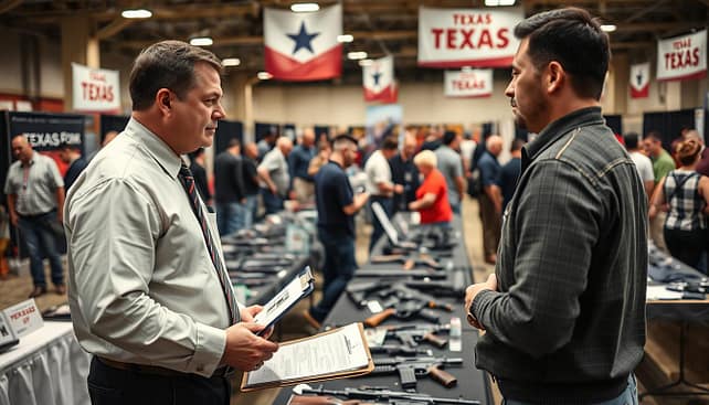 A bustling Texas gun show scene, focusing on the FFL transfer process. In the foreground, a professional-looking gun dealer in a neat business attire, engaging with a customer who appears eager yet knowledgeable. Both appear engaged in a discussion, with a clipboard, identification, and transaction forms on a table between them. The middle ground showcases various firearms displayed on tables, with attendees examining the products and other dealers networking. The background captures a lively atmosphere with banners and signage indicating the event, along with a mix of people of diverse backgrounds interacting. Soft, bright lighting enhances the lively environment, while a slight depth of field brings focus to the dealer and customer, creating an inviting and informative atmosphere. A bustling Texas gun show scene, focusing on the FFL transfer process. In the foreground, a professional-looking gun dealer in a neat business attire, engaging with a customer who appears eager yet knowledgeable. Both appear engaged in a discussion, with a clipboard, identification, and transaction forms on a table between them. The middle ground showcases various firearms displayed on tables, with attendees examining the products and other dealers networking. The background captures a lively atmosphere with banners and signage indicating the event, along with a mix of people of diverse backgrounds interacting. Soft, bright lighting enhances the lively environment, while a slight depth of field brings focus to the dealer and customer, creating an inviting and informative atmosphere.
