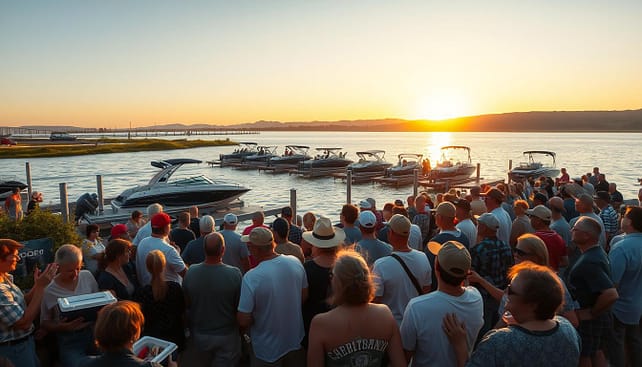 A bustling scene at a boat launch tournament in Texas, focusing on an array of spectators eagerly watching the action. In the foreground, a diverse group of spectators in modest casual clothing—families, friends, and fishing enthusiasts—are gathered with coolers and snacks, expressing excitement and anticipation. The middle ground features sleek boats being launched into the shimmering water, with the boat ramps and sturdy docks framed by some greenery. In the background, the sun sets behind distant rolling hills, casting a warm golden glow and creating reflections on the water's surface. The atmosphere is lively and energetic, enhanced by the joyful sounds of chatter and laughter. The viewpoint captures the dynamic angle of the launch, conveying a sense of involvement in this thrilling outdoor event. A bustling scene at a boat launch tournament in Texas, focusing on an array of spectators eagerly watching the action. In the foreground, a diverse group of spectators in modest casual clothing—families, friends, and fishing enthusiasts—are gathered with coolers and snacks, expressing excitement and anticipation. The middle ground features sleek boats being launched into the shimmering water, with the boat ramps and sturdy docks framed by some greenery. In the background, the sun sets behind distant rolling hills, casting a warm golden glow and creating reflections on the water's surface. The atmosphere is lively and energetic, enhanced by the joyful sounds of chatter and laughter. The viewpoint captures the dynamic angle of the launch, conveying a sense of involvement in this thrilling outdoor event.