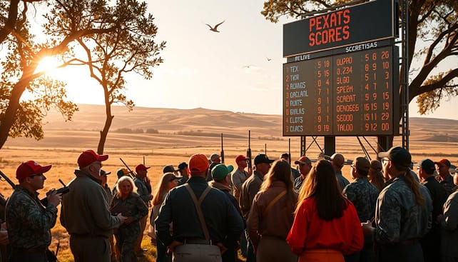 A dynamic outdoor scene capturing a Texas hunting competition in action, focused on participants dressed in professional, modest hunting attire. In the foreground, an enthusiastic group of hunters, including diverse individuals, gather around a large digital scoreboard displaying live scores and results, framed by trees and open fields. The middle ground showcases hunters with their equipment, such as rifles and binoculars, as they discuss strategies, exuding excitement and camaraderie. The background features a sunlit Texas landscape with rolling hills and wide-open skies, adding warmth to the scene. Soft, natural lighting enhances the vibrant colors of the hunters' attire and the scenic environment, creating an engaging, energetic atmosphere that emphasizes the thrill of live scoring in hunting competitions. A dynamic outdoor scene capturing a Texas hunting competition in action, focused on participants dressed in professional, modest hunting attire. In the foreground, an enthusiastic group of hunters, including diverse individuals, gather around a large digital scoreboard displaying live scores and results, framed by trees and open fields. The middle ground showcases hunters with their equipment, such as rifles and binoculars, as they discuss strategies, exuding excitement and camaraderie. The background features a sunlit Texas landscape with rolling hills and wide-open skies, adding warmth to the scene. Soft, natural lighting enhances the vibrant colors of the hunters' attire and the scenic environment, creating an engaging, energetic atmosphere that emphasizes the thrill of live scoring in hunting competitions.