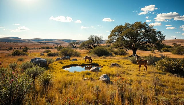 A lush, sun-drenched Texas landscape showcasing deer habitat management. In the foreground, a diverse group of native plants and grasses provides essential forage for deer. Two deer can be seen grazing peacefully, illustrating healthy population management. In the middle ground, a well-maintained brush area features clusters of oak and mesquite trees, demonstrating effective brush management techniques. A small water source is visible, reflecting the sunlight, surrounded by rocks and native wildflowers. In the background, rolling hills fade into a clear blue sky with soft, scattered clouds. The scene is bathed in warm, golden light of late afternoon, creating a serene and inviting atmosphere. The composition should evoke a sense of harmony between wildlife and managed habitat. A lush, sun-drenched Texas landscape showcasing deer habitat management. In the foreground, a diverse group of native plants and grasses provides essential forage for deer. Two deer can be seen grazing peacefully, illustrating healthy population management. In the middle ground, a well-maintained brush area features clusters of oak and mesquite trees, demonstrating effective brush management techniques. A small water source is visible, reflecting the sunlight, surrounded by rocks and native wildflowers. In the background, rolling hills fade into a clear blue sky with soft, scattered clouds. The scene is bathed in warm, golden light of late afternoon, creating a serene and inviting atmosphere. The composition should evoke a sense of harmony between wildlife and managed habitat.