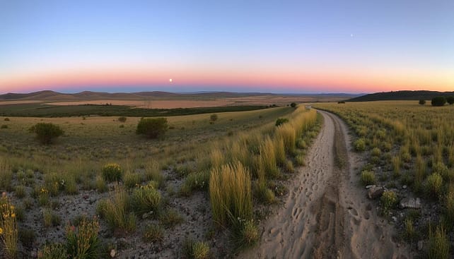 A panoramic view of a Texas hunting field during the golden hour, showcasing a diverse landscape rich in detail. In the foreground, a rugged terrain with patches of tall grass and scattered wildflowers, hinting at the wildlife that frequents the area. The middle ground features a winding trail covered with light mud, and a few deer tracks visible, symbolizing rutting season. In the background, rolling hills under a clear, twilight sky, with hints of the moon beginning to rise, casting soft shadows across the field. The lighting is warm, creating an inviting atmosphere. Capture the scene from a slightly elevated angle to convey depth, evoking a sense of anticipation in this serene hunting environment. A panoramic view of a Texas hunting field during the golden hour, showcasing a diverse landscape rich in detail. In the foreground, a rugged terrain with patches of tall grass and scattered wildflowers, hinting at the wildlife that frequents the area. The middle ground features a winding trail covered with light mud, and a few deer tracks visible, symbolizing rutting season. In the background, rolling hills under a clear, twilight sky, with hints of the moon beginning to rise, casting soft shadows across the field. The lighting is warm, creating an inviting atmosphere. Capture the scene from a slightly elevated angle to convey depth, evoking a sense of anticipation in this serene hunting environment.