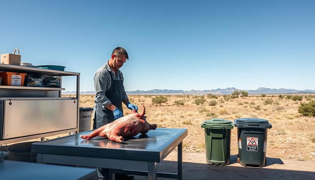 A professional and serene outdoor scene focused on ethical hog carcass disposal. In the foreground, a clean and organized processing station with a stainless-steel table, where a skilled worker in professional attire (gloves and apron) carefully handling a hog carcass. The middle ground features various disposal methods such as composting bins and biohazard waste containers, illustrated with clear labels for biosecurity. In the background, a sprawling Texas landscape with a clear blue sky, sparse trees, and distant mountains. The image should have soft natural lighting, creating a calm and respectful atmosphere, emphasizing the importance of biosecurity in hog hunting practices. The angle is slightly elevated for a comprehensive view, capturing the process's professionalism and ethical considerations. A professional and serene outdoor scene focused on ethical hog carcass disposal. In the foreground, a clean and organized processing station with a stainless-steel table, where a skilled worker in professional attire (gloves and apron) carefully handling a hog carcass. The middle ground features various disposal methods such as composting bins and biohazard waste containers, illustrated with clear labels for biosecurity. In the background, a sprawling Texas landscape with a clear blue sky, sparse trees, and distant mountains. The image should have soft natural lighting, creating a calm and respectful atmosphere, emphasizing the importance of biosecurity in hog hunting practices. The angle is slightly elevated for a comprehensive view, capturing the process's professionalism and ethical considerations.