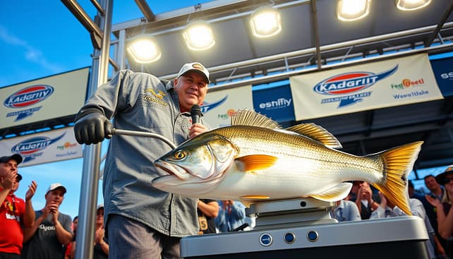 A professional angler stands confidently at a tournament weigh-in station, showcasing a large fish on a scale, surrounded by eager onlookers. The angler, dressed in a modest, branded fishing shirt and cap, engages with a reporter holding a microphone, capturing a moment of strategic discussion about the tournament. In the foreground, the fish glistens under bright overhead lights, emphasizing its impressive size. The middle ground features a crowd of spectators, some clapping and others recording the moment on phones, all immersed in the excitement. In the background, banners for the tournament and sponsors decorate the setting, with blue skies visible. The atmosphere exudes anticipation and camaraderie, perfectly embodying the essence of competitive fishing. The image captures a dynamic angle, focusing on the interaction, with soft but bright lighting to convey a vibrant tournament spirit. A professional angler stands confidently at a tournament weigh-in station, showcasing a large fish on a scale, surrounded by eager onlookers. The angler, dressed in a modest, branded fishing shirt and cap, engages with a reporter holding a microphone, capturing a moment of strategic discussion about the tournament. In the foreground, the fish glistens under bright overhead lights, emphasizing its impressive size. The middle ground features a crowd of spectators, some clapping and others recording the moment on phones, all immersed in the excitement. In the background, banners for the tournament and sponsors decorate the setting, with blue skies visible. The atmosphere exudes anticipation and camaraderie, perfectly embodying the essence of competitive fishing. The image captures a dynamic angle, focusing on the interaction, with soft but bright lighting to convey a vibrant tournament spirit.