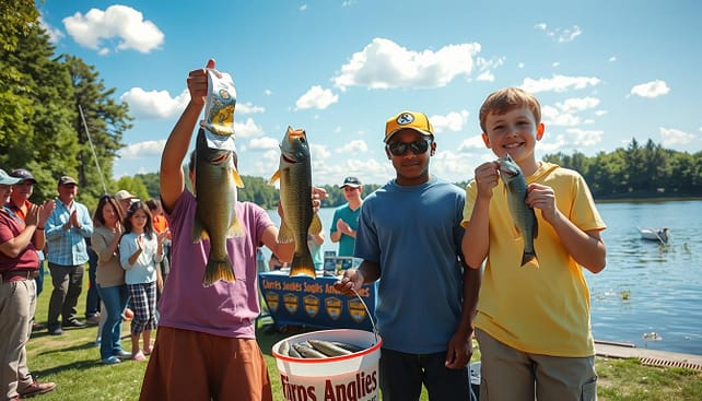 A scenic outdoor setting showcasing a group of enthusiastic junior anglers participating in a fishing competition. In the foreground, two diverse youths in modest casual clothing are proudly displaying their catches of the day—a large fish held high and a bucket filled with smaller fish. The middle ground features a small crowd of supporters clapping and cheering, with a table displaying colorful banners for scholarships and awards. In the background, a serene lake reflects the bright blue sky, dotted with fluffy white clouds, bordered by lush trees. The lighting is warm and inviting, suggesting early afternoon. The overall mood is one of celebration and achievement, highlighting the joy of youth fishing competitions and the opportunities they bring. A scenic outdoor setting showcasing a group of enthusiastic junior anglers participating in a fishing competition. In the foreground, two diverse youths in modest casual clothing are proudly displaying their catches of the day—a large fish held high and a bucket filled with smaller fish. The middle ground features a small crowd of supporters clapping and cheering, with a table displaying colorful banners for scholarships and awards. In the background, a serene lake reflects the bright blue sky, dotted with fluffy white clouds, bordered by lush trees. The lighting is warm and inviting, suggesting early afternoon. The overall mood is one of celebration and achievement, highlighting the joy of youth fishing competitions and the opportunities they bring.