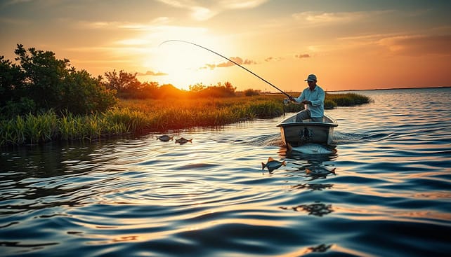 A serene Gulf Coast scene depicting an early morning tide and wind fishing report. In the foreground, a skilled angler, clad in professional fishing attire, is casting a fishing line from a small, vintage wooden boat gently rocking on the water. The middle ground features lush mangroves and vibrant marsh grass, while speckled trout and redfish can be seen surfacing, creating subtle ripples in the water. The background showcases a breathtaking sunrise, with soft golden light illuminating the scene and casting long shadows. The sky is painted in hues of orange and pink, blending seamlessly with the calm sea. The atmosphere feels tranquil yet anticipatory, embodying the essence of fishing in this rich coastal environment.