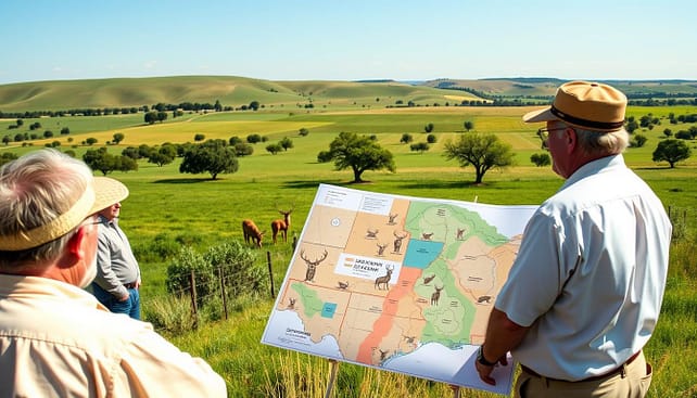 A serene Texas landscape showcasing a strategic deer management plan. In the foreground, a diverse group of landowners, dressed in professional attire, are engaged in discussion around a detailed map highlighting various deer habitats and management zones. The middle ground features lush green pastures and scattered oak trees, representing an ideal deer habitat, along with strategically placed feeders. In the background, rolling hills under a bright blue sky enhance the tranquil atmosphere. Soft, natural lighting emphasizes the warmth of the scene, captured from a slightly elevated angle to provide depth and perspective. The mood is one of collaboration and strategic planning, embodying the essence of effective land management practices. A serene Texas landscape showcasing a strategic deer management plan. In the foreground, a diverse group of landowners, dressed in professional attire, are engaged in discussion around a detailed map highlighting various deer habitats and management zones. The middle ground features lush green pastures and scattered oak trees, representing an ideal deer habitat, along with strategically placed feeders. In the background, rolling hills under a bright blue sky enhance the tranquil atmosphere. Soft, natural lighting emphasizes the warmth of the scene, captured from a slightly elevated angle to provide depth and perspective. The mood is one of collaboration and strategic planning, embodying the essence of effective land management practices.