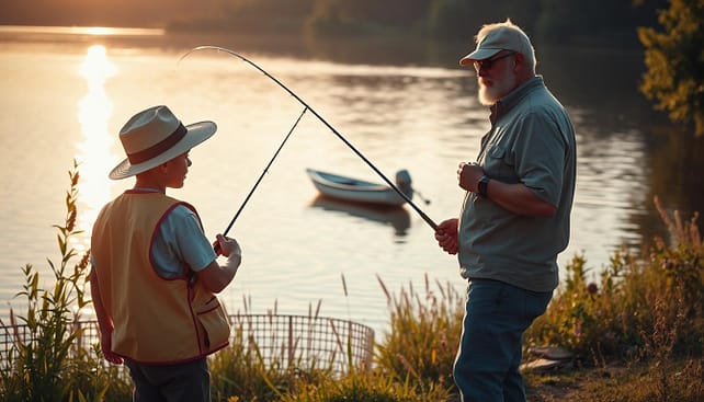 A serene lakeside scene capturing a young person engaged in fishing, guided by a knowledgeable mentor. In the foreground, the youth, wearing a modest fishing vest and a sun hat, intently follows the mentor's instructions on casting techniques. The mentor, dressed in casual but neat clothing, stands nearby, demonstrating the proper form with a fishing rod. In the middle ground, a small boat gently floats on the water, reflecting the golden hues of the late afternoon sun. Lush greenery and wildflowers line the bank, complemented by soft ripples on the water's surface, creating a tranquil atmosphere. The warm, inviting light enhances the mentorship moment, conveying a sense of community and the passing of skills from one generation to the next. A serene lakeside scene capturing a young person engaged in fishing, guided by a knowledgeable mentor. In the foreground, the youth, wearing a modest fishing vest and a sun hat, intently follows the mentor's instructions on casting techniques. The mentor, dressed in casual but neat clothing, stands nearby, demonstrating the proper form with a fishing rod. In the middle ground, a small boat gently floats on the water, reflecting the golden hues of the late afternoon sun. Lush greenery and wildflowers line the bank, complemented by soft ripples on the water's surface, creating a tranquil atmosphere. The warm, inviting light enhances the mentorship moment, conveying a sense of community and the passing of skills from one generation to the next.