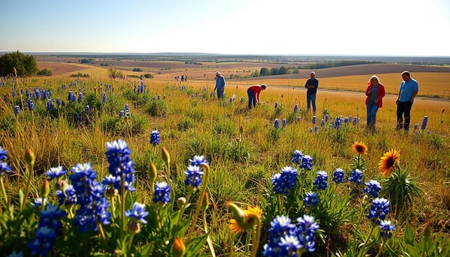 A vibrant Texas landscape showcasing a habitat restoration project, featuring a diverse array of native plants and grasses in the foreground, including bluebonnets and sunflowers. In the middle ground, professional volunteers in modest casual clothing are engaged in planting and nurturing young saplings, demonstrating community involvement. In the background, a serene Texas horizon stretches with gentle rolling hills under a bright blue sky, softened by warm, golden sunlight, enhancing the atmosphere of hope and renewal. The scene is captured with a wide-angle lens to encompass the broader environment, creating a sense of depth and tranquility, focusing on the harmony between humans and nature in this conservation effort. A vibrant Texas landscape showcasing a habitat restoration project, featuring a diverse array of native plants and grasses in the foreground, including bluebonnets and sunflowers. In the middle ground, professional volunteers in modest casual clothing are engaged in planting and nurturing young saplings, demonstrating community involvement. In the background, a serene Texas horizon stretches with gentle rolling hills under a bright blue sky, softened by warm, golden sunlight, enhancing the atmosphere of hope and renewal. The scene is captured with a wide-angle lens to encompass the broader environment, creating a sense of depth and tranquility, focusing on the harmony between humans and nature in this conservation effort.