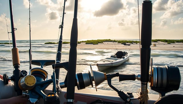 A vibrant coastal scene featuring an array of inshore fishing gear, including high-quality rods and reels prominently displayed in the foreground. In the middle ground, two shallow-draft kayaks are anchored near the shore, showcasing their stability and suitability for fishing in shallow waters. The background reveals a picturesque Gulf Coast setting with gentle waves lapping against the sandy beach, dotted with lush green vegetation. Soft, warm sunlight filters through the clouds, casting a golden hue over the scene, creating a serene atmosphere. The image is captured with a wide-angle lens to emphasize the expansive view, enhancing the sense of adventure and outdoor relaxation. Use natural, vivid colors to depict the gear and surroundings, ensuring a realistic portrayal of an enjoyable fishing experience. A vibrant coastal scene featuring an array of inshore fishing gear, including high-quality rods and reels prominently displayed in the foreground. In the middle ground, two shallow-draft kayaks are anchored near the shore, showcasing their stability and suitability for fishing in shallow waters. The background reveals a picturesque Gulf Coast setting with gentle waves lapping against the sandy beach, dotted with lush green vegetation. Soft, warm sunlight filters through the clouds, casting a golden hue over the scene, creating a serene atmosphere. The image is captured with a wide-angle lens to emphasize the expansive view, enhancing the sense of adventure and outdoor relaxation. Use natural, vivid colors to depict the gear and surroundings, ensuring a realistic portrayal of an enjoyable fishing experience.