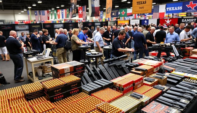 A vibrant display of ammunition and firearm accessories at a Texas gun show, showcasing a variety of bullets, magazines, and tactical gear. In the foreground, neatly arranged boxes of different caliber rounds, alongside high-quality handgun holsters and rifle scopes. The middle ground features tables manned by knowledgeable vendors dressed in professional attire, engaging with interested buyers. In the background, colorful banners display brand logos and information about the products available, with a bustling crowd admiring the displays. The lighting is bright and focused, highlighting the details of the products, while a slight depth of field adds a professional touch. The atmosphere is energetic and informative, capturing the excitement of firearm enthusiasts exploring their options. A vibrant display of ammunition and firearm accessories at a Texas gun show, showcasing a variety of bullets, magazines, and tactical gear. In the foreground, neatly arranged boxes of different caliber rounds, alongside high-quality handgun holsters and rifle scopes. The middle ground features tables manned by knowledgeable vendors dressed in professional attire, engaging with interested buyers. In the background, colorful banners display brand logos and information about the products available, with a bustling crowd admiring the displays. The lighting is bright and focused, highlighting the details of the products, while a slight depth of field adds a professional touch. The atmosphere is energetic and informative, capturing the excitement of firearm enthusiasts exploring their options.