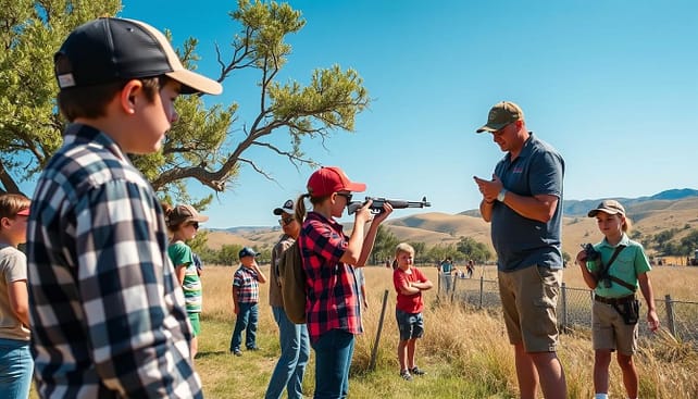 A vibrant outdoor scene showcasing youth participating in hunting education activities at the Texas Wildlife Expo. In the foreground, a diverse group of children, dressed in modest casual clothing, learn about wildlife conservation and hunting safety from an enthusiastic instructor. The middle ground features natural elements like trees and a small clearing, where the kids are practicing shot placement with safety gear. The background displays a beautiful Texas landscape with rolling hills under a clear blue sky, highlighting the essence of nature. The lighting is bright and uplifting, capturing the excitement and focus of the activity. The angle is slightly elevated, providing a comprehensive view of the educational experience while maintaining a sense of connection with the environment. The overall mood is inspiring, encouraging a love for wildlife and conservation among the youth.