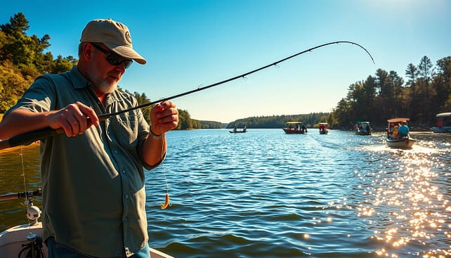 A vibrant scene depicting a Texas fishing tournament in action, showcasing anglers of diverse backgrounds passionately engaged in fishing activities. The foreground features two skilled fishers in modest casual clothing, casting their lines with precision using various baits, including lures and worms, on a sunlit day. The middle ground captures a picturesque lake with gentle ripples, surrounded by lush greenery and woods, reflecting the clear blue sky above. In the background, several boathouses and participants in small boats can be seen, while spectators cheer from the shore. The lighting is bright and warm, accentuating the excitement of competition, with dynamic angles that convey movement and energy. The overall atmosphere is one of camaraderie, enthusiasm, and the thrill of outdoor adventure. A vibrant scene depicting a Texas fishing tournament in action, showcasing anglers of diverse backgrounds passionately engaged in fishing activities. The foreground features two skilled fishers in modest casual clothing, casting their lines with precision using various baits, including lures and worms, on a sunlit day. The middle ground captures a picturesque lake with gentle ripples, surrounded by lush greenery and woods, reflecting the clear blue sky above. In the background, several boathouses and participants in small boats can be seen, while spectators cheer from the shore. The lighting is bright and warm, accentuating the excitement of competition, with dynamic angles that convey movement and energy. The overall atmosphere is one of camaraderie, enthusiasm, and the thrill of outdoor adventure.