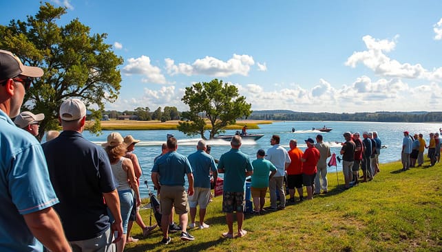 A vibrant scene depicting a prime spectator spot at a Texas bass tournament, set along a picturesque lake. In the foreground, a diverse group of enthusiastic spectators in casual clothing, some with hats and sunglasses, are intently watching the action from a grassy shoreline. The middle ground features several sleek fishing boats racing across the shimmering water, with anglers focused on catching their next big bass. The background showcases lush green trees and distant hills under a bright blue sky with soft, fluffy clouds, suggesting a sunny day. The image is captured from a slightly elevated angle to provide a panoramic view, creating a lively and engaging atmosphere of excitement and camaraderie among fishing fans. A vibrant scene depicting a prime spectator spot at a Texas bass tournament, set along a picturesque lake. In the foreground, a diverse group of enthusiastic spectators in casual clothing, some with hats and sunglasses, are intently watching the action from a grassy shoreline. The middle ground features several sleek fishing boats racing across the shimmering water, with anglers focused on catching their next big bass. The background showcases lush green trees and distant hills under a bright blue sky with soft, fluffy clouds, suggesting a sunny day. The image is captured from a slightly elevated angle to provide a panoramic view, creating a lively and engaging atmosphere of excitement and camaraderie among fishing fans.