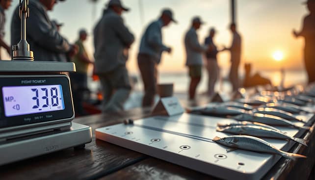A close-up view of fishing tournament verification scales prominently displayed in the foreground, showcasing the digital readout glowing brightly. In the middle ground, a bump board with measurement markings is laid out, ready for use next to a small display of fish caught during the tournament. In the background, blurred silhouettes of participants in professional attire are seen interacting with each other, creating a sense of lively competition. The scene is illuminated by soft, natural lighting that suggests an outdoor setting, enhancing the authenticity of the tournament atmosphere. The angle captures the action dynamically, emphasizing the importance of accurate measurement and verification in the competition. The overall mood conveys a sense of excitement and rigorous evaluation in the world of fishing tournaments. A close-up view of fishing tournament verification scales prominently displayed in the foreground, showcasing the digital readout glowing brightly. In the middle ground, a bump board with measurement markings is laid out, ready for use next to a small display of fish caught during the tournament. In the background, blurred silhouettes of participants in professional attire are seen interacting with each other, creating a sense of lively competition. The scene is illuminated by soft, natural lighting that suggests an outdoor setting, enhancing the authenticity of the tournament atmosphere. The angle captures the action dynamically, emphasizing the importance of accurate measurement and verification in the competition. The overall mood conveys a sense of excitement and rigorous evaluation in the world of fishing tournaments.