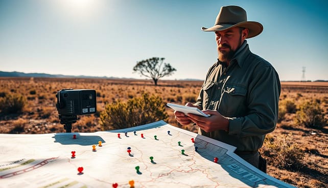 A detailed scouting plan for a hunting competition set on a sunlit Texas landscape. In the foreground, a large, open map with marked trails, dotted with colorful pins and notes. Next to the map, a trail camera is positioned aimed at a tree, capturing wildlife movement. In the middle ground, a hunter in modest casual attire studies the map intently, holding a notepad. He exudes focused energy as he plans his scouting route, surrounded by patches of native Texas vegetation. The background features a vast, open field with distant hills under a bright blue sky, hinting at a scenic hunting area. Soft, natural lighting captures the anticipation and excitement of preparing for the competition, evoking a sense of adventure and strategic preparation without distractions. A detailed scouting plan for a hunting competition set on a sunlit Texas landscape. In the foreground, a large, open map with marked trails, dotted with colorful pins and notes. Next to the map, a trail camera is positioned aimed at a tree, capturing wildlife movement. In the middle ground, a hunter in modest casual attire studies the map intently, holding a notepad. He exudes focused energy as he plans his scouting route, surrounded by patches of native Texas vegetation. The background features a vast, open field with distant hills under a bright blue sky, hinting at a scenic hunting area. Soft, natural lighting captures the anticipation and excitement of preparing for the competition, evoking a sense of adventure and strategic preparation without distractions.