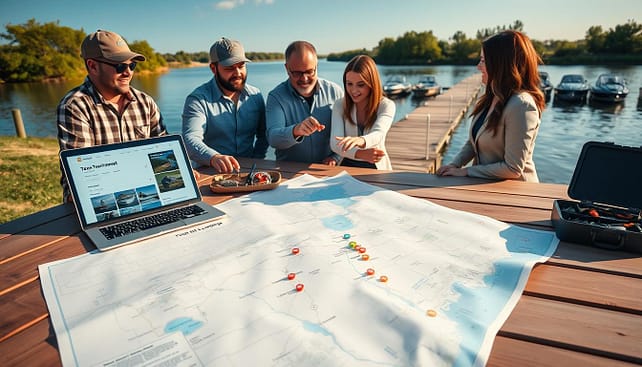 A scenic view of a Texas fishing tournament travel planning scene. In the foreground, showcase a detailed map spread out on a wooden picnic table, indicating various lakes and ramps with colorful markers. Beside it, a laptop displays an online booking platform for lodging, complemented by a fishing tackle box filled with gear. In the middle ground, include a group of four diverse individuals—two men in casual attire and two women in professional business attire—discussing trip details, pointing at the map, and smiling. In the background, depict a picturesque Texas lake with boats docked at a launch ramp, under a clear blue sky, conveying a sense of excitement and adventure. Soft, warm lighting enhances the inviting atmosphere of the planning scene. A scenic view of a Texas fishing tournament travel planning scene. In the foreground, showcase a detailed map spread out on a wooden picnic table, indicating various lakes and ramps with colorful markers. Beside it, a laptop displays an online booking platform for lodging, complemented by a fishing tackle box filled with gear. In the middle ground, include a group of four diverse individuals—two men in casual attire and two women in professional business attire—discussing trip details, pointing at the map, and smiling. In the background, depict a picturesque Texas lake with boats docked at a launch ramp, under a clear blue sky, conveying a sense of excitement and adventure. Soft, warm lighting enhances the inviting atmosphere of the planning scene.