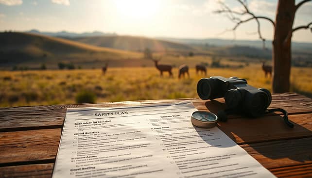 A serene, sunlit Texas landscape serves as the background, with rolling hills and open fields. In the foreground, a detailed safety plan document is spread out on a rustic wooden table, highlighted by soft, warm lighting. The document includes bullet points on shot selection, livestock awareness, and climate considerations for heat and cold—visibly organized for clarity. A pair of binoculars and a compass rest nearby, symbolizing preparedness and awareness. In the middle ground, silhouettes of deer can be seen grazing peacefully, emphasizing wildlife awareness. The atmosphere is calm and focused, reflecting the seriousness of safety in hunting. The scene captures the essence of responsibility and ethical hunting practices, resonating with aspiring competitors. A serene, sunlit Texas landscape serves as the background, with rolling hills and open fields. In the foreground, a detailed safety plan document is spread out on a rustic wooden table, highlighted by soft, warm lighting. The document includes bullet points on shot selection, livestock awareness, and climate considerations for heat and cold—visibly organized for clarity. A pair of binoculars and a compass rest nearby, symbolizing preparedness and awareness. In the middle ground, silhouettes of deer can be seen grazing peacefully, emphasizing wildlife awareness. The atmosphere is calm and focused, reflecting the seriousness of safety in hunting. The scene captures the essence of responsibility and ethical hunting practices, resonating with aspiring competitors.