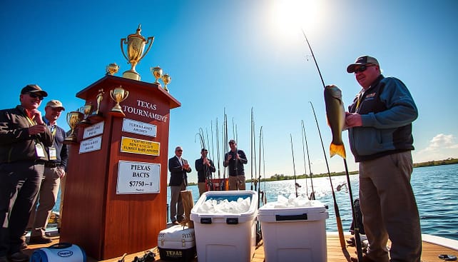 A vibrant Texas fishing tournament scene showcasing a large wooden podium adorned with trophies and big bass awards in the foreground. The podium is surrounded by cheerful participants in professional business attire, excitedly discussing tournament payouts. In the middle ground, display various fishing gear, including rods, reels, and a cooler filled with ice, emphasizing the competitive atmosphere. The background features a picturesque Texas lake under a bright blue sky, with the sun casting warm golden rays that create a lively, inviting mood. Capture the energy and camaraderie of a fishing tournament, with a slight wide-angle perspective to enhance depth and focus on the excitement. A vibrant Texas fishing tournament scene showcasing a large wooden podium adorned with trophies and big bass awards in the foreground. The podium is surrounded by cheerful participants in professional business attire, excitedly discussing tournament payouts. In the middle ground, display various fishing gear, including rods, reels, and a cooler filled with ice, emphasizing the competitive atmosphere. The background features a picturesque Texas lake under a bright blue sky, with the sun casting warm golden rays that create a lively, inviting mood. Capture the energy and camaraderie of a fishing tournament, with a slight wide-angle perspective to enhance depth and focus on the excitement.