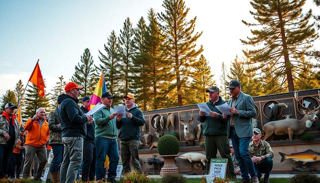 A vibrant scene capturing an outdoor wildlife competition characterized by tie-breaker protests. In the foreground, a diverse group of contestants, dressed in professional outdoor attire, passionately debating the outcome, holding score sheets and colorful flags. The middle ground features a beautifully manicured competition area with various wildlife displays, such as fish and game mounts, showcasing the competitive spirit. In the background, tall pine trees and a clear blue sky create a serene atmosphere, illuminated by soft, golden sunlight suggesting late afternoon. The composition captures a blend of anticipation and tension, highlighting the seriousness of tie-breaking procedures in a competitive yet respectful manner. The image is shot from a slightly elevated angle, providing a comprehensive view of the activity and emotional engagement. A vibrant scene capturing an outdoor wildlife competition characterized by tie-breaker protests. In the foreground, a diverse group of contestants, dressed in professional outdoor attire, passionately debating the outcome, holding score sheets and colorful flags. The middle ground features a beautifully manicured competition area with various wildlife displays, such as fish and game mounts, showcasing the competitive spirit. In the background, tall pine trees and a clear blue sky create a serene atmosphere, illuminated by soft, golden sunlight suggesting late afternoon. The composition captures a blend of anticipation and tension, highlighting the seriousness of tie-breaking procedures in a competitive yet respectful manner. The image is shot from a slightly elevated angle, providing a comprehensive view of the activity and emotional engagement.