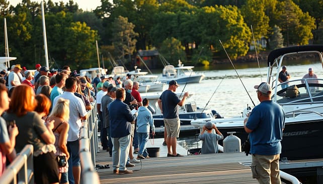 A busy marina during a bass tournament at sunrise, showcasing spectators observing from the shore, standing on a bridge, and lining a boat launch ramp. In the foreground, a diverse group of attendees in modest casual clothing eagerly watches fishermen preparing their boats, capturing the excitement of the event. In the middle ground, several boats are navigating the water, with anglers casting lines, while individuals with cameras and notepads take notes on etiquette and local rules. The background features lush trees lining the lakeshore, with soft morning light illuminating the scene, creating a warm and inviting atmosphere. The image has a slight depth of field, focusing on the spectators while gently blurring the distant boats, encapsulating the lively spirit of community and respect at the tournament. A busy marina during a bass tournament at sunrise, showcasing spectators observing from the shore, standing on a bridge, and lining a boat launch ramp. In the foreground, a diverse group of attendees in modest casual clothing eagerly watches fishermen preparing their boats, capturing the excitement of the event. In the middle ground, several boats are navigating the water, with anglers casting lines, while individuals with cameras and notepads take notes on etiquette and local rules. The background features lush trees lining the lakeshore, with soft morning light illuminating the scene, creating a warm and inviting atmosphere. The image has a slight depth of field, focusing on the spectators while gently blurring the distant boats, encapsulating the lively spirit of community and respect at the tournament.